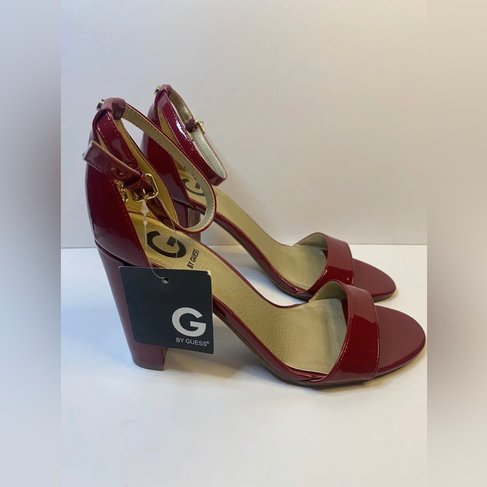 G by Guess red patent leather open toe high heel sandals, size 8.5